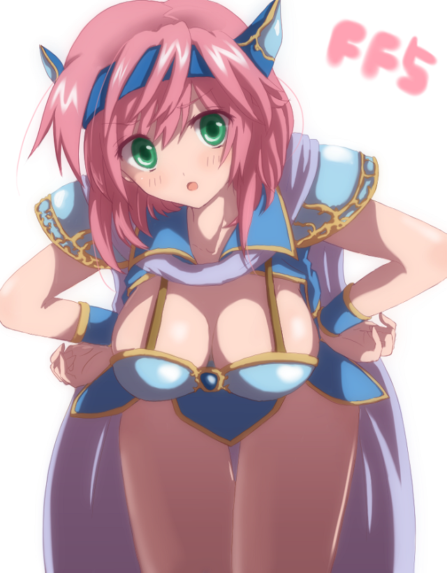 blush, breasts, cape, cleavage, dragoon, final_fantasy, final_fantasy_v, green_eyes
