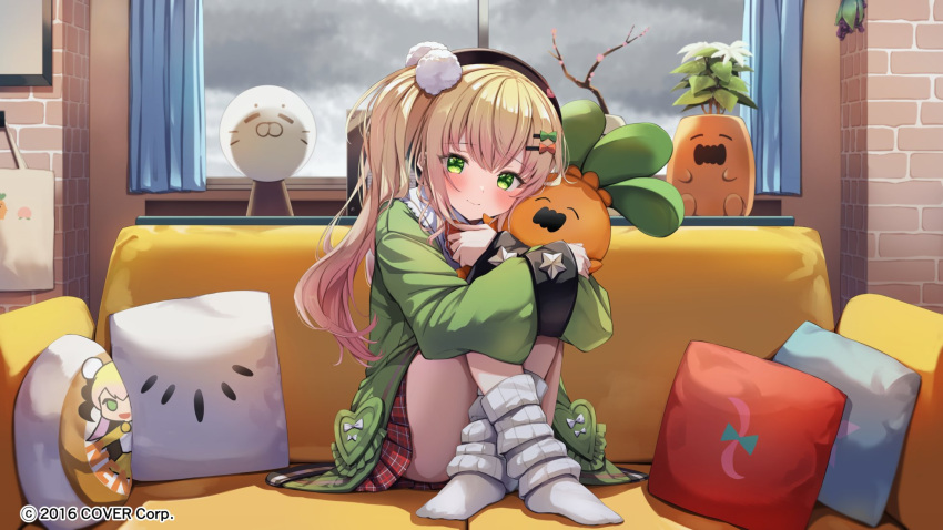 1girl, beret, black_headwear, blonde_hair, blush, character_print, closed_mouth, commentary_request, company_name, curtains, full_body, gradient_hair, green_eyes, green_jacket, grey_sky, hair_ornament, hairclip, hat, heart, highres, hololive, hugging_own_legs, indoors, jacket, knees_up, long_hair, long_sleeves, looking_at_viewer, loose_socks, miniskirt, momosuzu_nene, momosuzu_nene_(2nd_costume), multicolored_hair, nekko_(momosuzu_nene), no_shoes, official_alternate_costume, official_art, overcast, pillow, pink_hair, plaid, plaid_skirt, pleated_skirt, pom_pom_(clothes), pom_pom_hair_ornament, puffy_long_sleeves, puffy_sleeves, red_skirt, sailor_collar, side_ponytail, sitting, skirt, sky, sleeves_past_wrists, smile, socks, solo, summer_tail720, virtual_youtuber, white_sailor_collar, white_socks, window