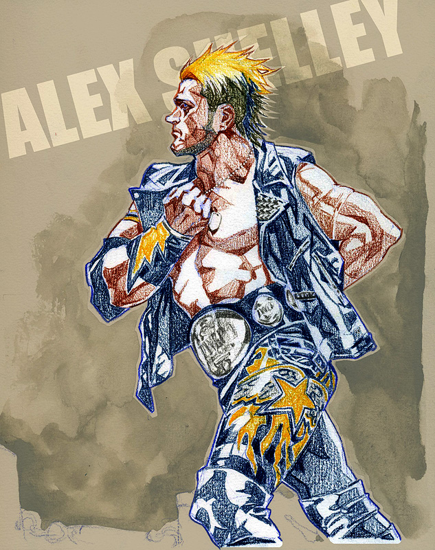 1boy, alex_shelley, beard, black_hair, blonde_hair, brown_background, championship_belt, character_name, commentary_request, crossover, dog_tags, english_text, facial_hair, from_side, impact_wrestling, kyobashi, male_focus, multicolored_hair, muscular, muscular_male, new_japan_pro_wrestling, pants, shingeki_no_kyojin, short_hair, solo, two-tone_hair, upper_body, vest, wrestler, wrestling