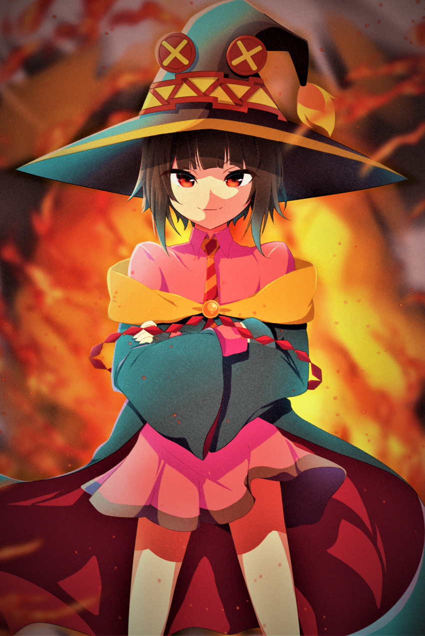 1girl, absurdres, black_cloak, black_headwear, blunt_bangs, blurry, blurry_background, breasts, brown_hair, cloak, closed_mouth, cowboy_shot, crossed_arms, depth_of_field, diagonal-striped_necktie, dress, explosion, film_grain, floating_clothes, hat, highres, kono_subarashii_sekai_ni_bakuen_wo!, kono_subarashii_sekai_ni_shukufuku_wo!, long_sleeves, looking_at_viewer, megumin, necktie, off_shoulder, orange_necktie, pink_dress, red_cloak, red_eyes, red_necktie, red_prison_magic_school_uniform, school_uniform, short_dress, short_hair, small_breasts, smile, smug, solo, standing, two-tone_cloak, two-tone_necktie, wide_sleeves, wind, wind_lift, witch_hat, yuzukosyo43