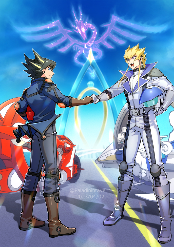 2023, 2boys, :d, black_hair, blonde_hair, blue_jacket, bodysuit, brown_gloves