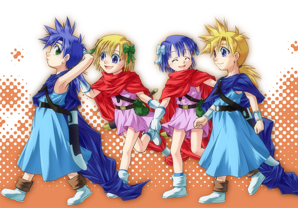 bianca's_daughter, bianca's_son, bianca's_son, blonde_hair, blue_hair, blush, boots, bow, bracelet, cape, closed_eyes, dragon_quest, dragon_quest_v, flora's_daughter, flora's_son, flora's_daughter, flora's_son, friends, gloves, hair_bow, jewelry, purple_eyes, short_hair, smile, sword, time_paradox, violet_eyes, weapon, ykokzk