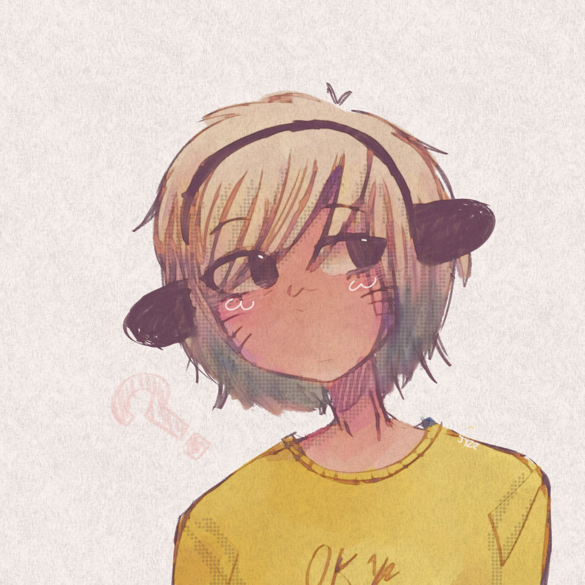 1boy, ?, aqua_hair, black_eyes, black_hairband, chicharron, closed_mouth, commentary
