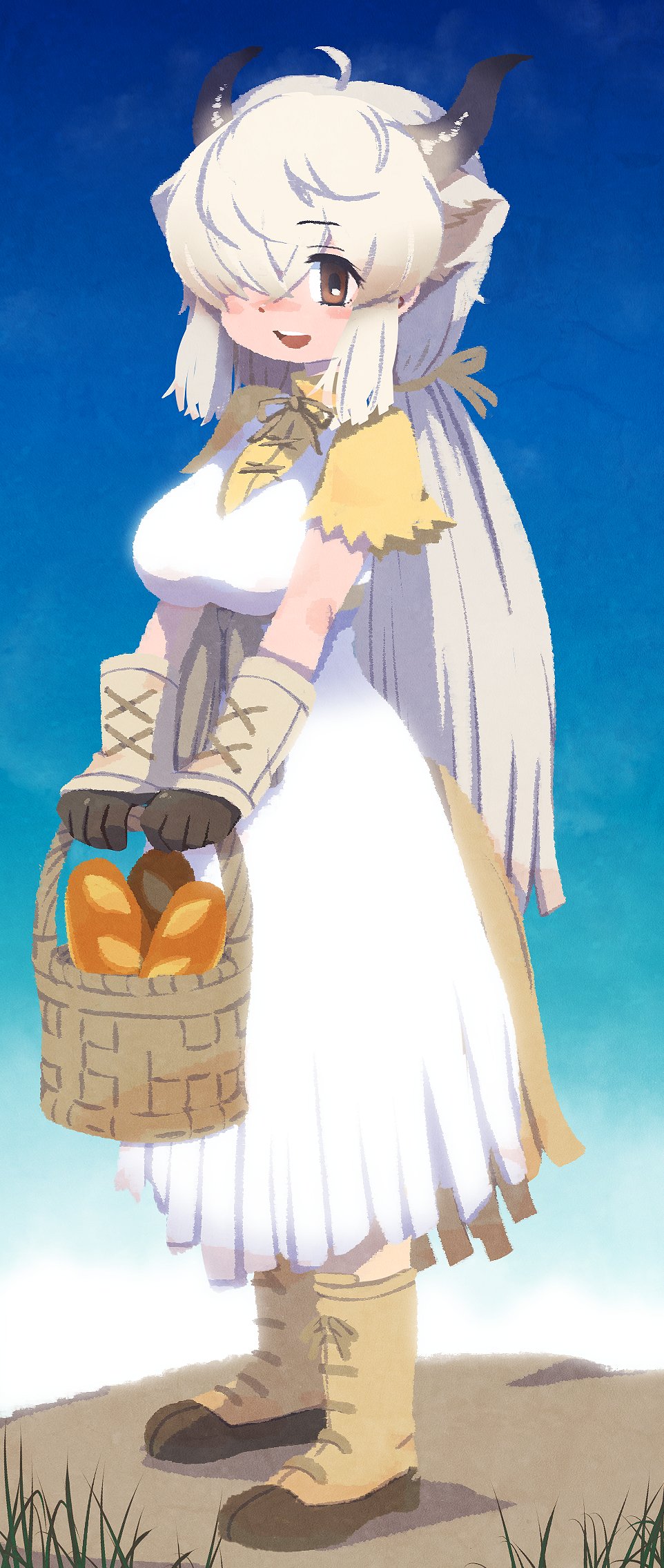 1girl, basket, blush, boots, bow, bowtie, bread, brown_bow