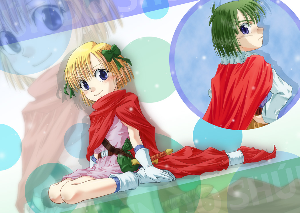 bianca's_daughter, blonde_hair, blush, boots, bow, cape, collins_(dq5), dragon_quest, dragon_quest_v, gloves, green_hair, hair_bow, purple_eyes, short_hair, sitting, smile, sword, violet_eyes, wariza, weapon, ykokzk, zoom_layer