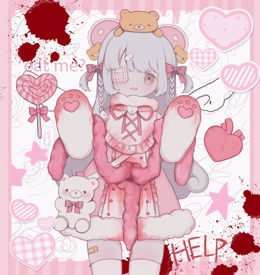 1girl, bandaid_on_thigh, blood, blood_splatter, blush, braid, brown_eyes, candy