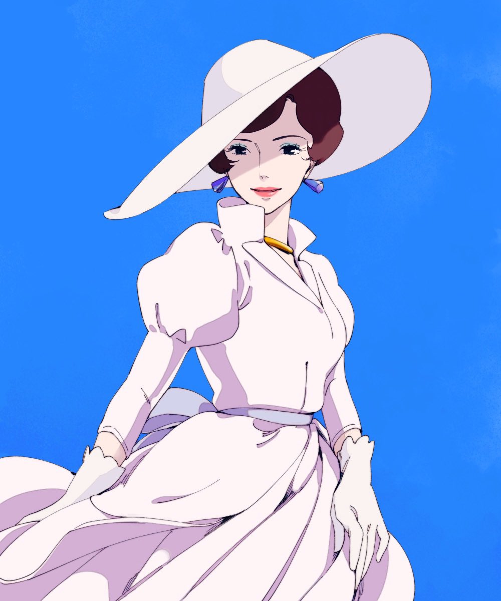 1girl, blue_background, brown_hair, cowboy_shot, dress, earrings, eyeshadow, floating_clothes