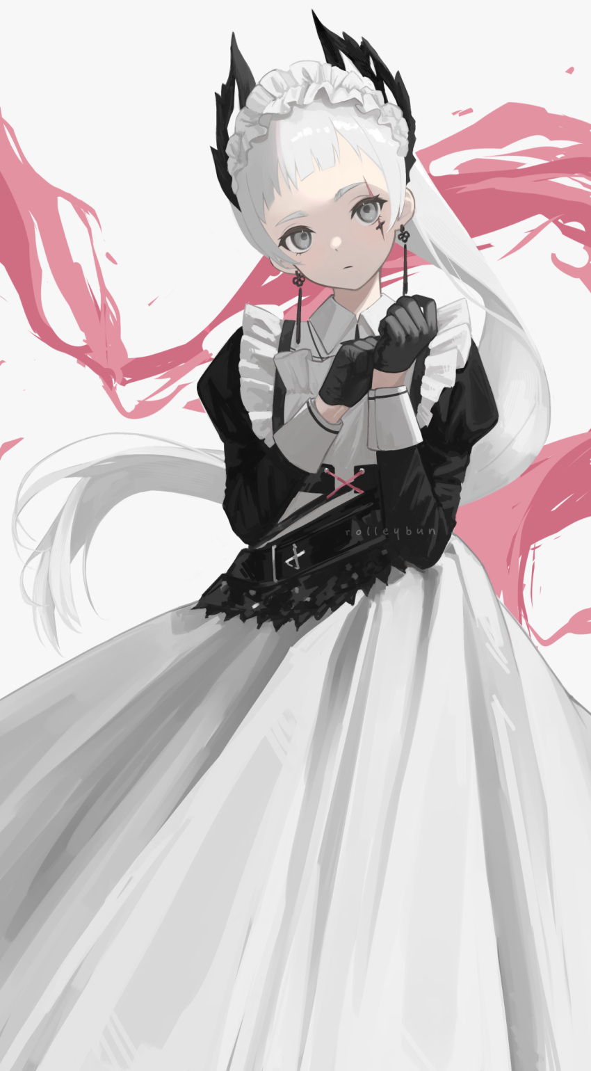 1girl, apron, arknights, black_dress, black_gloves, dress, gloves, grey_eyes, grey_hair, head_wings, highres, irene_(arknights), irene_(voyage_of_feathers)_(arknights), julie, juliet_sleeves, long_hair, long_sleeves, looking_at_viewer, maid, maid_headdress, official_alternate_costume, parted_lips, ponytail, puffy_sleeves, scar, scar_across_eye, scar_on_face, simple_background, solo, very_long_hair, white_apron, white_background, wings