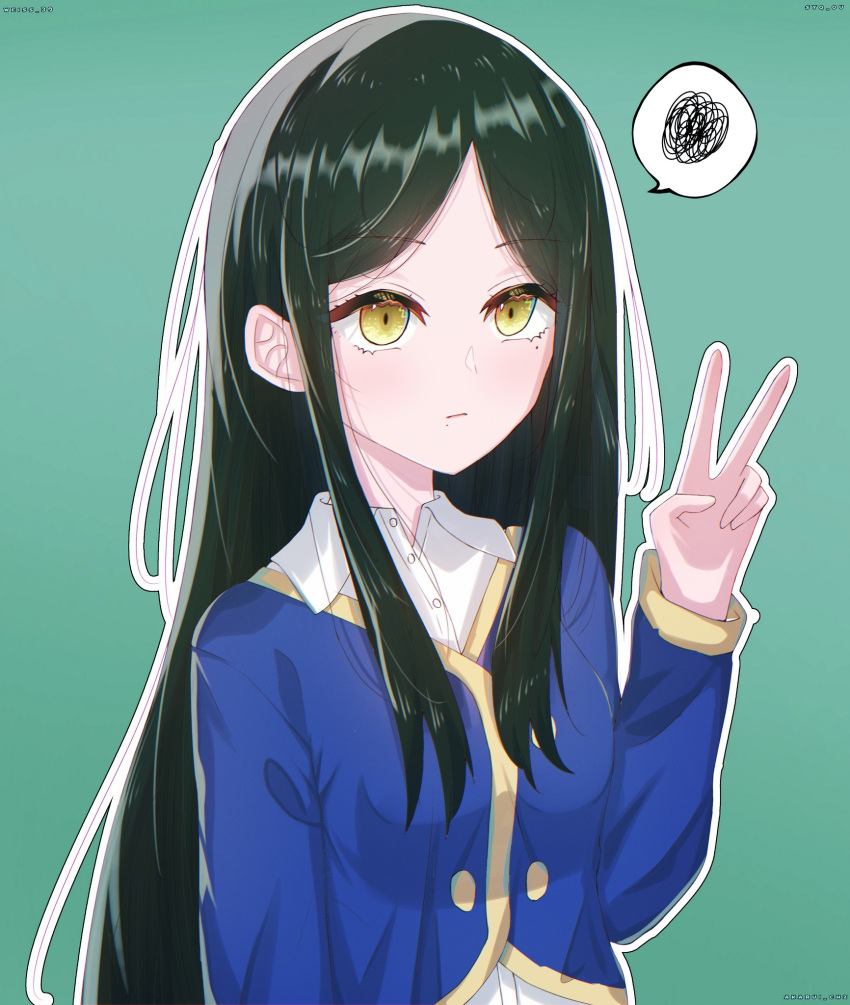1girl, blue_jacket, border, collared_shirt, commentary, cropped_jacket, dress_shirt, green_background