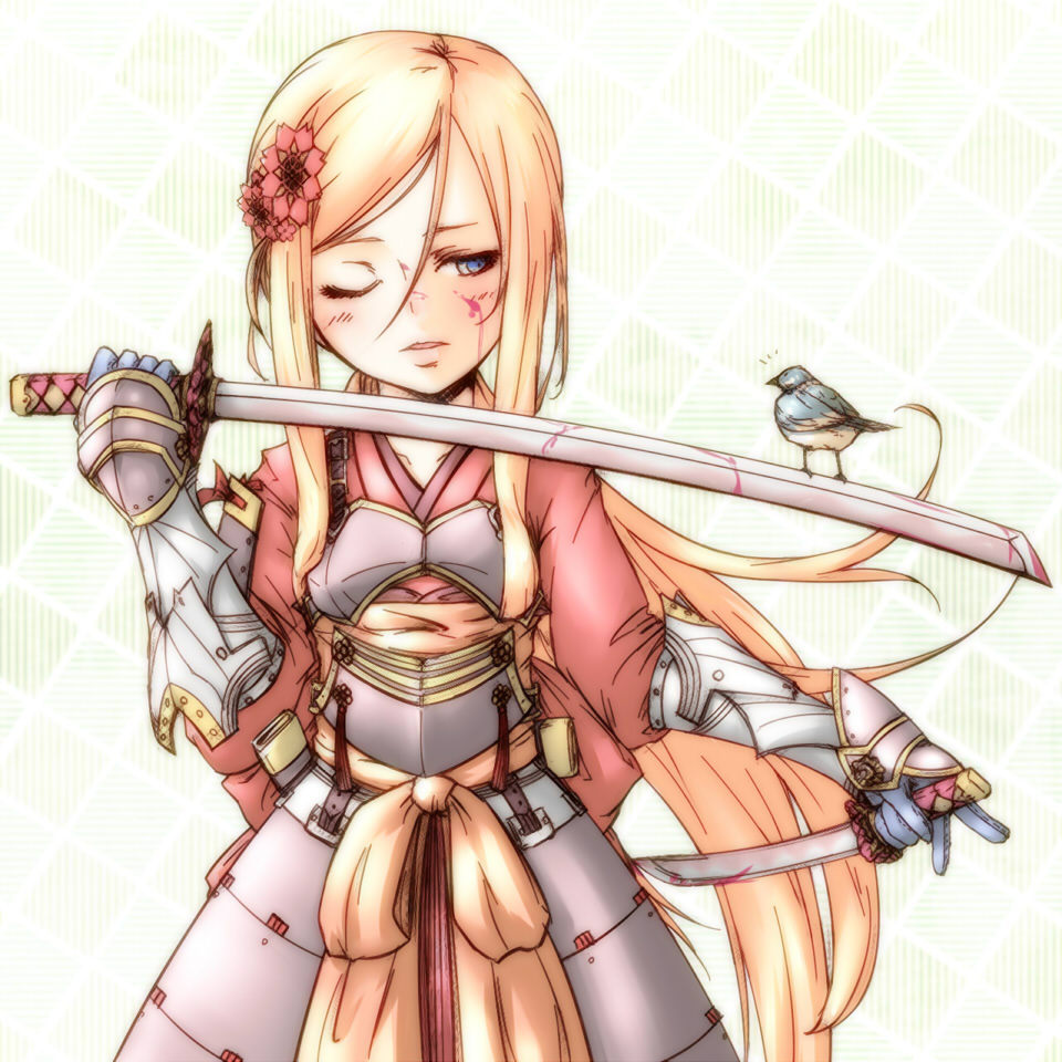 armored_dress, bird, blonde_hair, blood, blue_eyes, dual_wielding, gauntlets, gloves