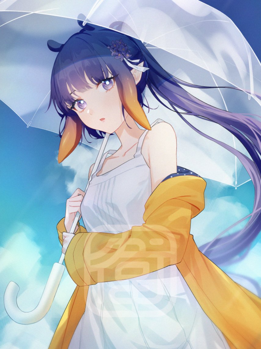 1girl, blunt_bangs, commentary, dress, english_commentary, flower, gradient_hair, hair_flower, hair_ornament, holding, holding_umbrella, hololive, hololive_english, jacket, juwei, long_hair, multicolored_hair, ninomae_ina'nis, open_clothes, open_jacket, orange_hair, ponytail, purple_hair, sidelocks, sleeveless, sleeveless_dress, solo, tentacle_hair, umbrella, violet_eyes, virtual_youtuber, white_dress, yellow_jacket