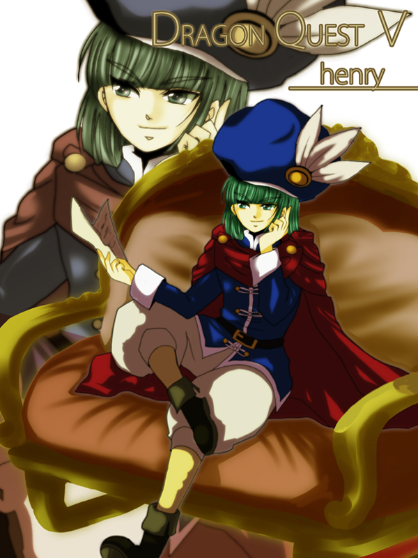 boots, cape, dragon_quest, dragon_quest_v, green_eyes, green_hair, hat, henry_(dq5), male, solo, tokitubo, zoom_layer
