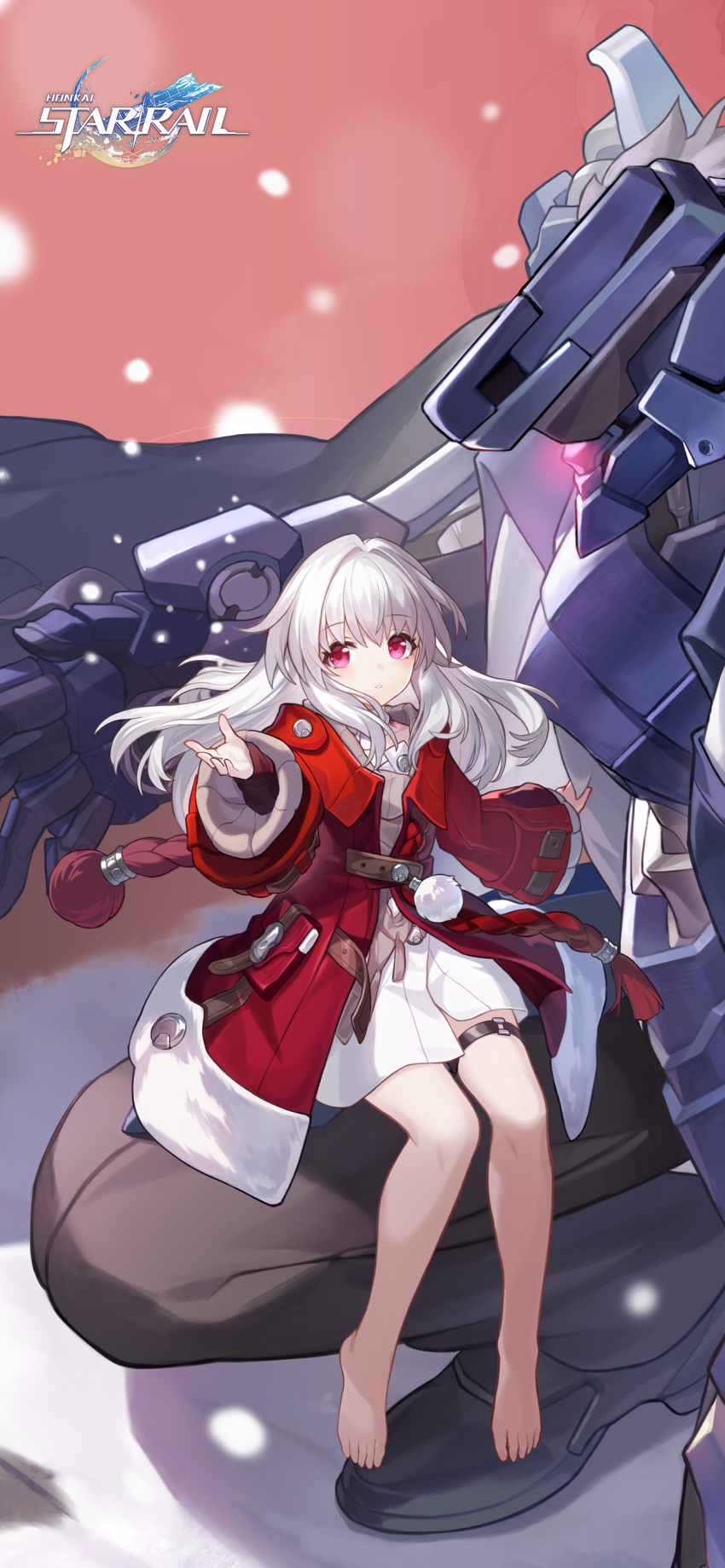 1boy, 1girl, absurdres, bare_legs, barefoot, clara_(honkai:_star_rail), coat, english_commentary, female_child, highres, honkai:_star_rail, honkai_(series), jacket, kneeling, logo, long_hair, long_sleeves, looking_at_another, official_art, official_wallpaper, open_hand, red_coat, red_eyes, red_jacket, robot, simple_background, sitting, sitting_on_leg, sitting_on_thigh, size_difference, svarog_(honkai:_star_rail), thigh_strap, toes, white_hair