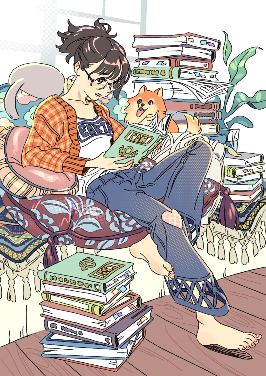 1girl, barefoot, blue_pants, book, brown_eyes, brown_hair, couch, dog
