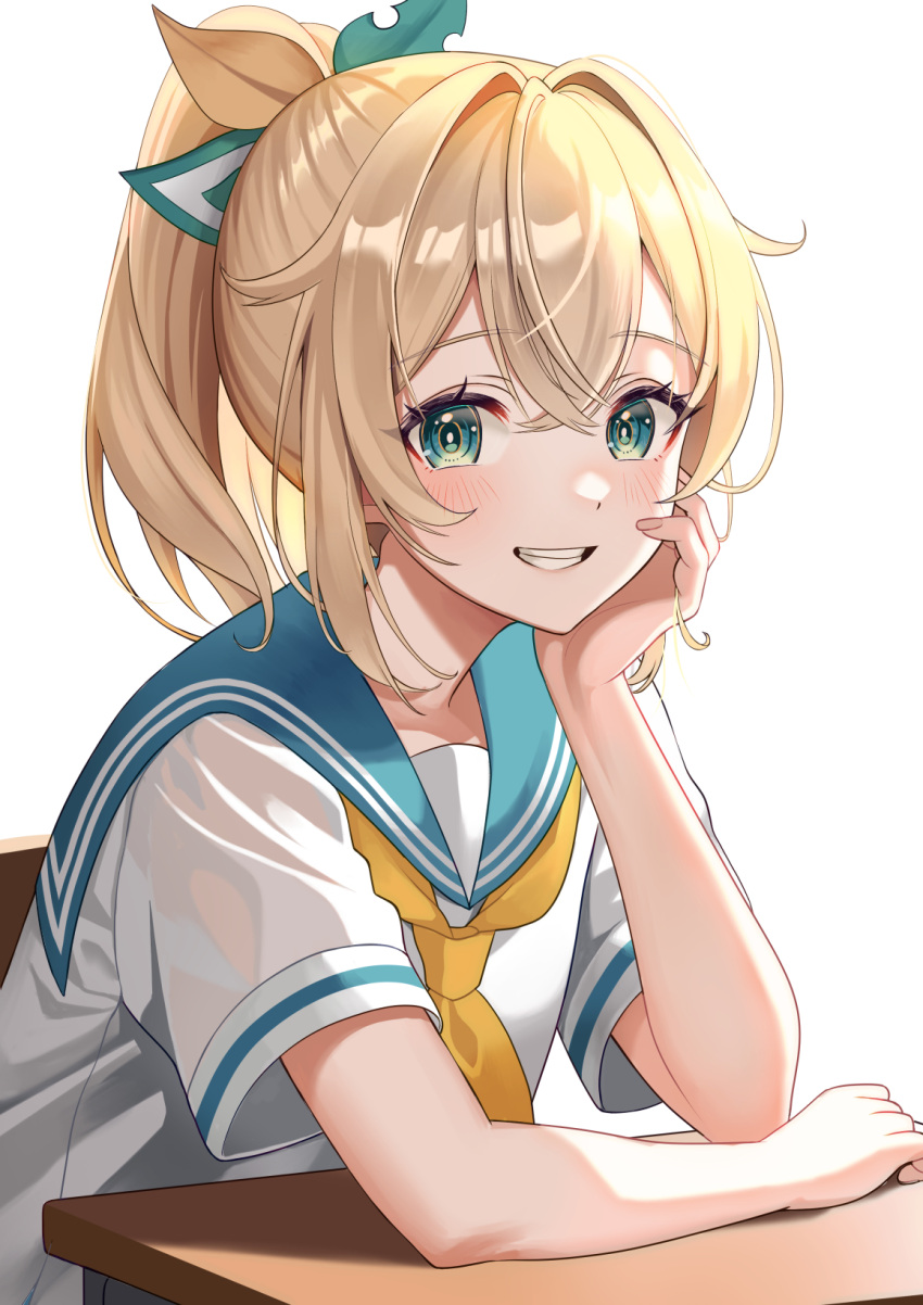 1girl, blonde_hair, blue_sailor_collar, blush, green_eyes, grin, hand_on_own_cheek, hand_on_own_face