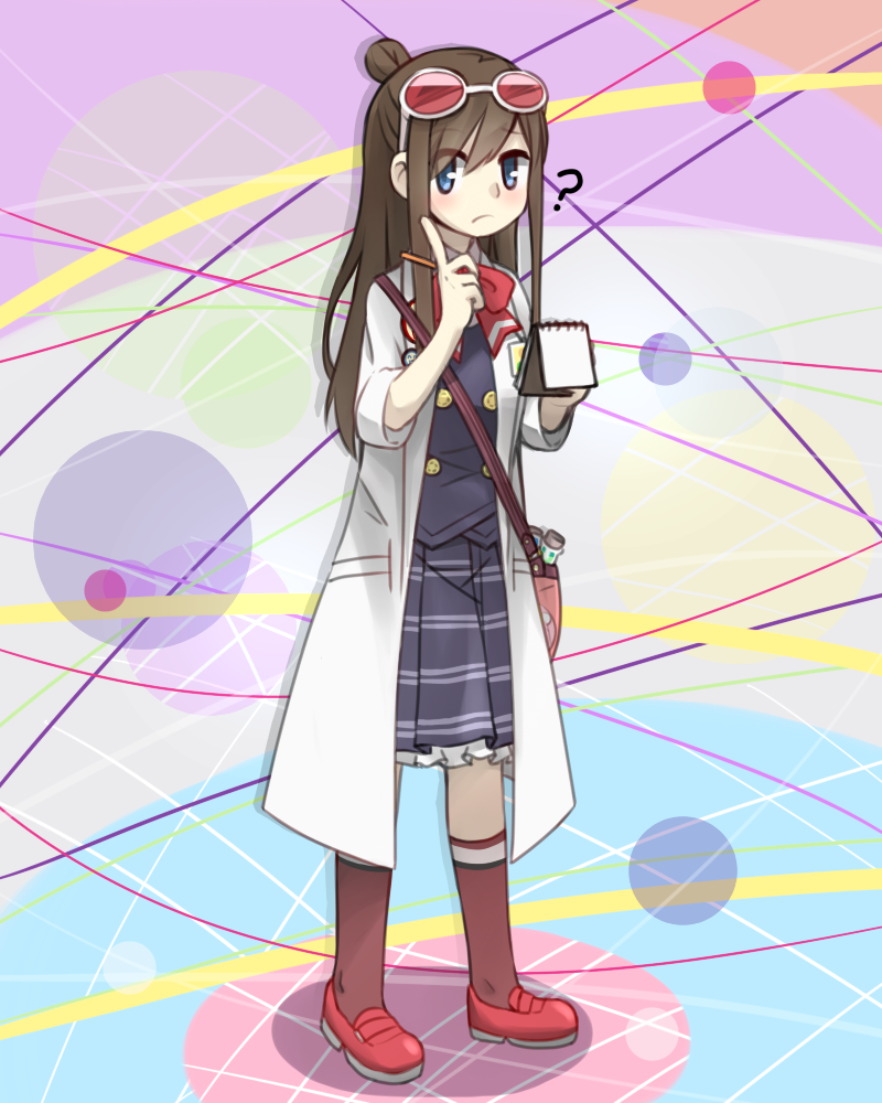 1girl, ?, ace_attorney, badge, bag, blue_eyes, blue_skirt, brown_hair