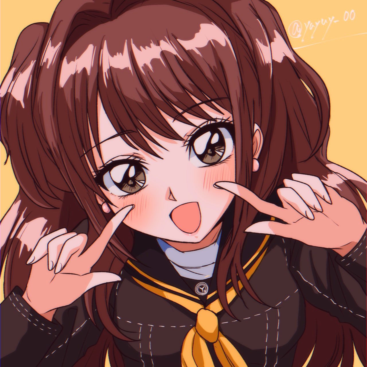1girl, breasts, brown_eyes, brown_hair, commentary, earrings, eyelashes, hair_intakes