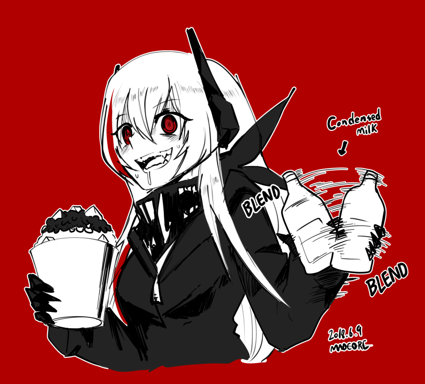 1girl, @_@, arrow_(symbol), artist_name, bandana_around_neck, blending, blush, bottle