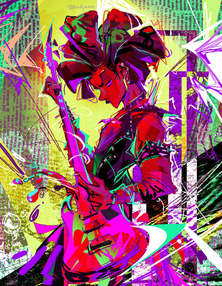 1boy, badjuane, black_skin, colored_skin, electric_guitar, guitar, highres, holding, holding_instrument, instrument, looking_at_viewer, marvel, music, playing_instrument, solo, spider-man:_across_the_spider-verse, spider-man_(series), spider-punk, spikes, standing, vest