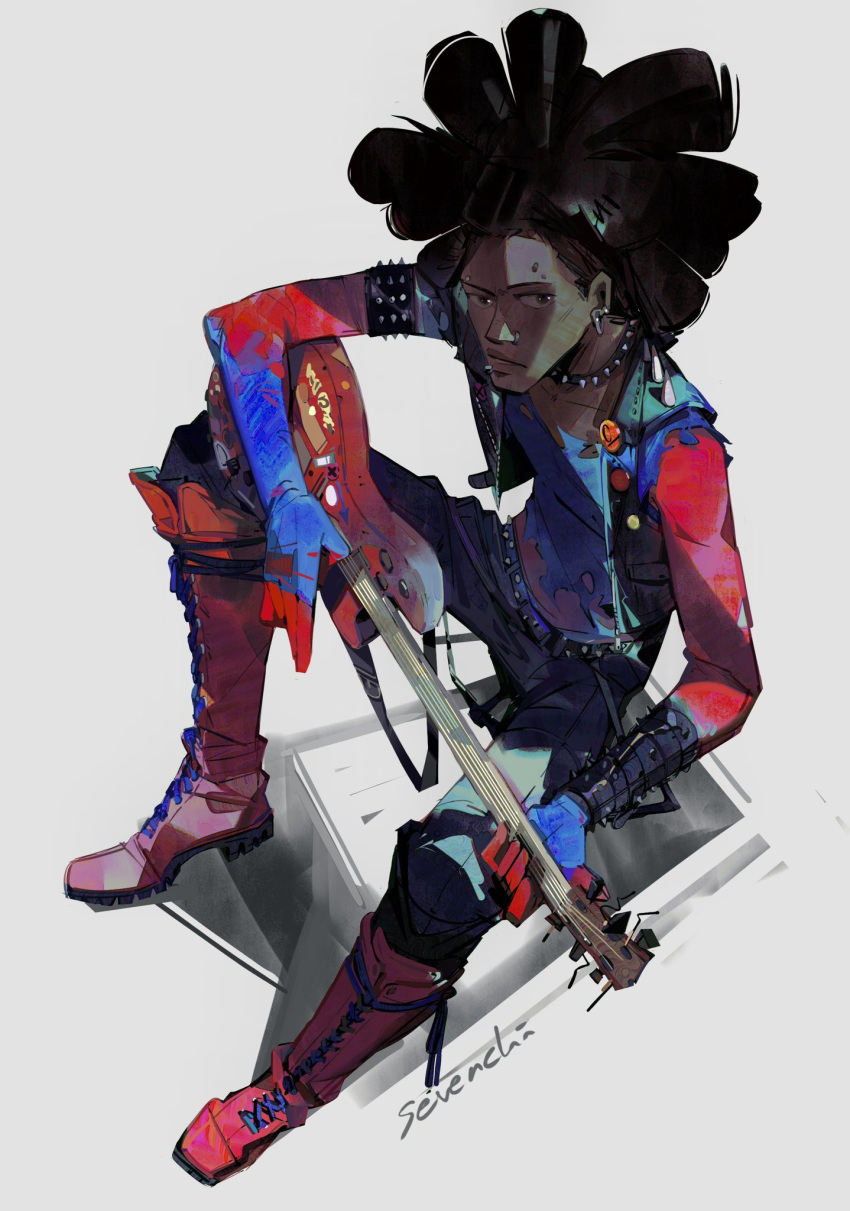 1boy, belt, black_skin, boots, colored_skin, electric_guitar, eyebrow_piercing, guitar
