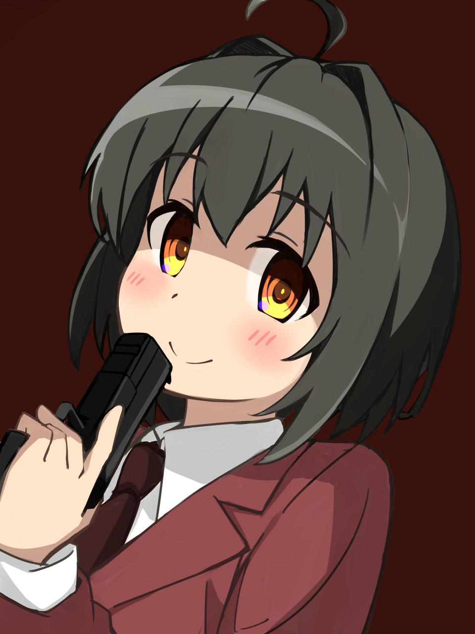 1girl, ahoge, blush, brown_hair, commentary_request, dot_nose, formal, gun, handgun, highres, holding, holding_gun, holding_weapon, idolmaster, idolmaster_cinderella_girls, kohinata_miho, kuwahara, light_blush, looking_at_viewer, necktie, red_background, red_necktie, red_suit, shaded_face, shirt, short_hair, simple_background, smile, solo, split_mouth, suit, upper_body, weapon, white_shirt, yellow_eyes