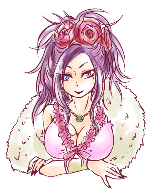 blue_eyes, boa, bracelet, breasts, cleavage, deborah, dragon_quest, dragon_quest_v, feather_boa, flower, hair_flower, hair_ornament, jewelry, large_breasts, long_hair, maroxxtanaka, mole, necklace, rose, smile, solo