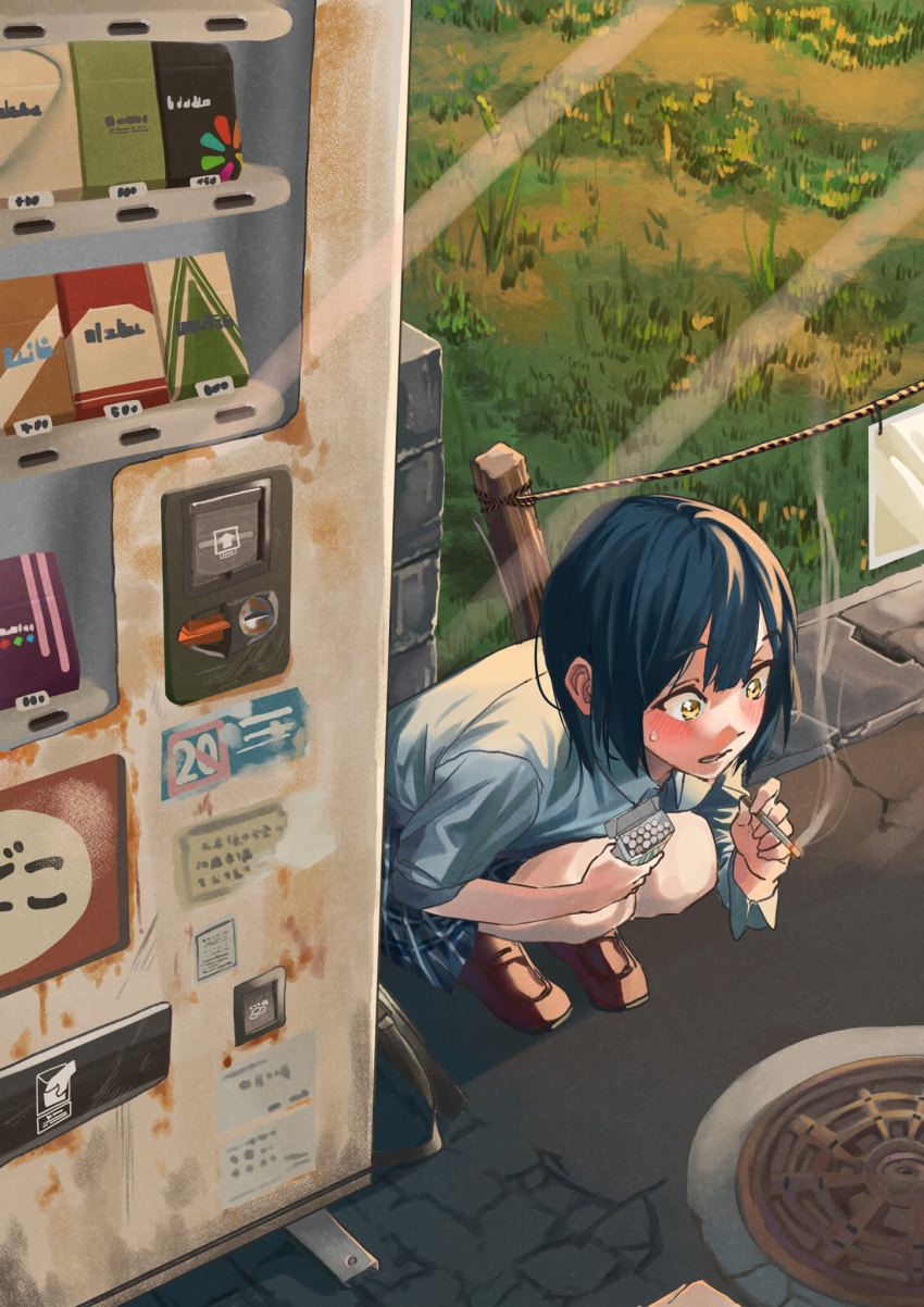 1girl, bag, black_hair, blue_skirt, blush, bob_cut, brown_footwear, cigarette