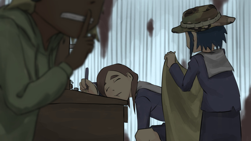 3girls, arm_between_legs, asakusa_midori, black_hair, blanket, blazer, blue_jacket, blue_skirt, blurry, bob_cut, brown_hair, bucket_hat, camouflage, camouflage_headwear, cheek_squash, closed_eyes, commentary, corrugated_galvanised_iron_sheet, covering_with_blanket, dark-skinned_female, dark_skin, depth_of_field, desk, doumeki_parker, eizouken_ni_wa_te_wo_dasu_na!, eyelashes, facing_away, finger_to_mouth, garapii, green_headwear, green_hoodie, hat, head_on_table, head_out_of_frame, highres, holding, holding_blanket, holding_pencil, hood, hood_down, hoodie, indoors, jacket, leaning_forward, mizusaki_tsubame, multiple_girls, parted_lips, pencil, rust, sailor_collar, school_uniform, short_hair, shushing, sidelocks, sitting, skirt, sleeping, standing, swept_bangs, thick_eyebrows, white_sailor_collar