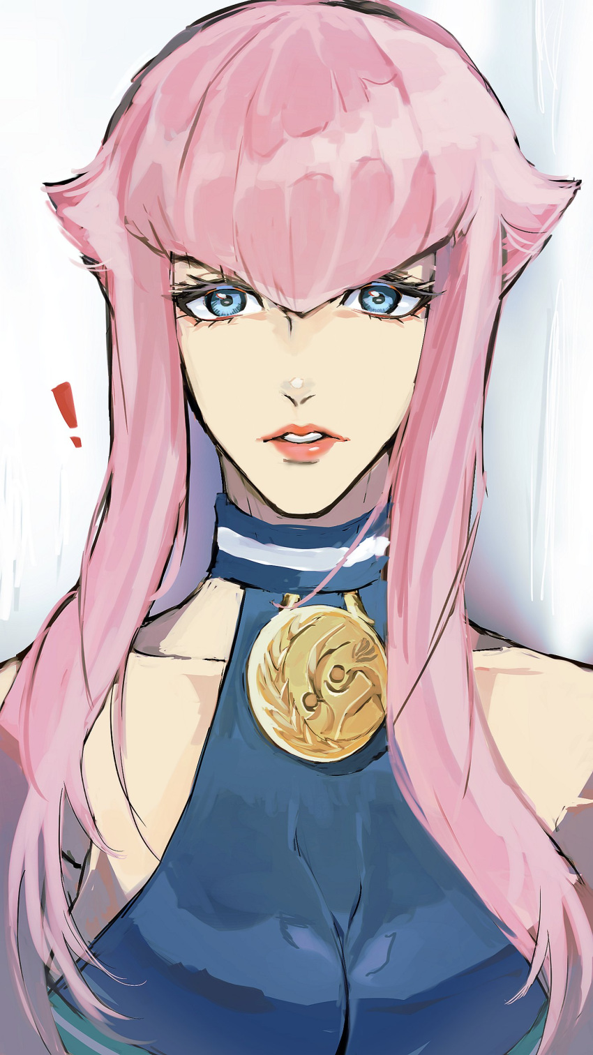 !, 1girl, absurdres, bare_shoulders, blue_eyes, clothing_cutout, collarbone, highres, hime_cut, manon_(street_fighter), medal, ninyunyan, pink_hair, shoulder_cutout, sidelocks, solo, street_fighter, street_fighter_6