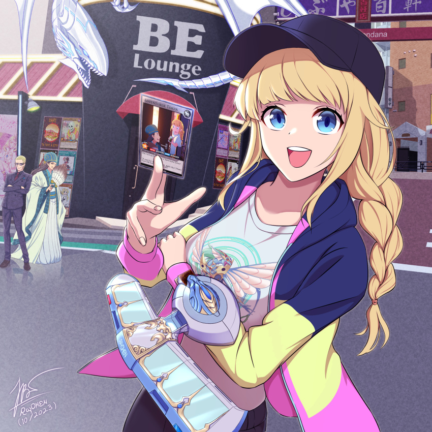 1girl, 2boys, :d, ancient_fairy_dragon, baseball_cap, black_hair, black_headwear, black_shorts, blonde_hair, blue-eyes_alternative_white_dragon, blue_eyes, braid, breasts, building, card, chinese_clothes, commentary, commission, dragon, duel_disk, duel_monster, english_commentary, facial_hair, feather_fan, formal, full_body, hand_up, hanfu, hat, highres, holding, holding_card, hungry_burger, jacket, kobayashi_(paripi_koumei), kong_ming_hat, long_hair, long_sleeves, looking_at_viewer, multicolored_clothes, multicolored_jacket, multiple_boys, mustache, open_clothes, open_mouth, outdoors, paripi_koumei, raydhen, shirt, short_hair, shorts, smile, standing, suit, sunglasses, teeth, tsukimi_eiko, twin_braids, upper_body, upper_teeth_only, white_shirt, yu-gi-oh!, yu-gi-oh!_rush_duel, zhuge_kongming_(paripi_koumei)