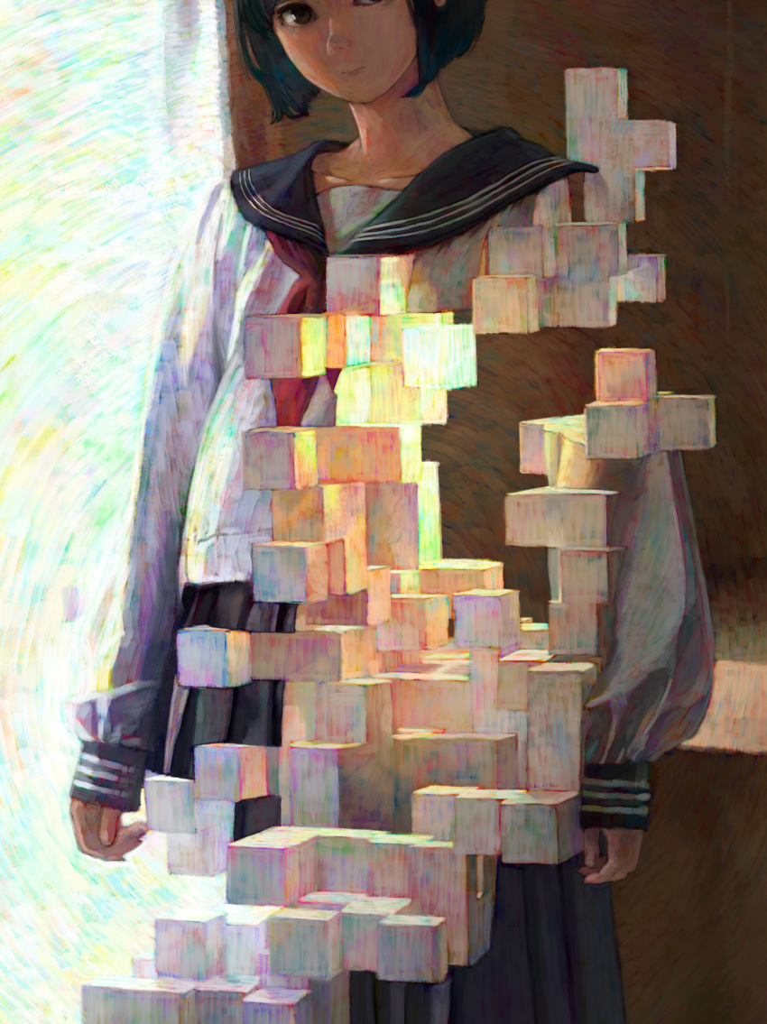 1girl, black_eyes, black_hair, blue_serafuku, chromatic_aberration, cowboy_shot, cropped, cube