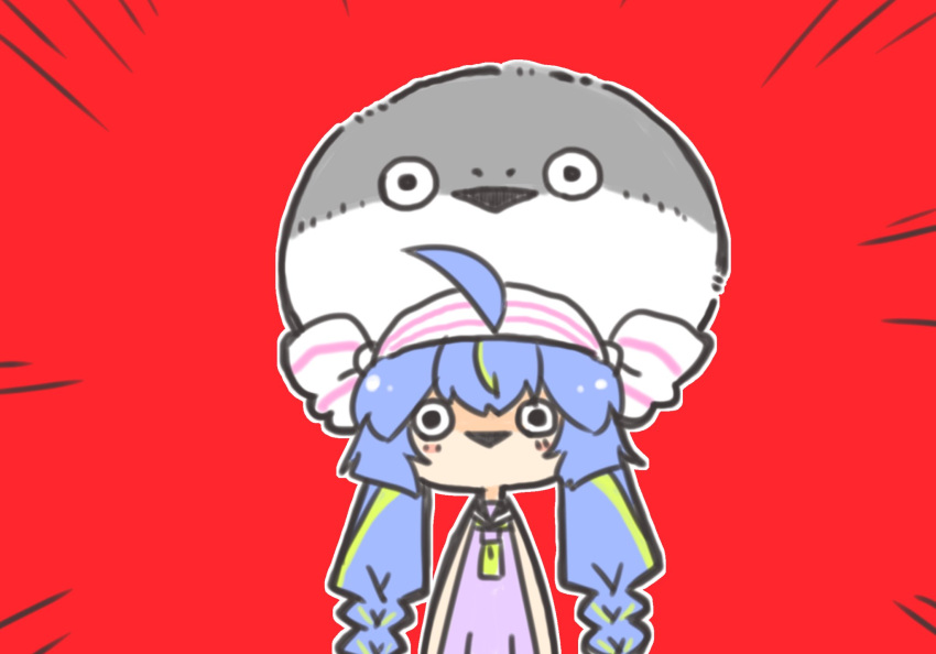 1girl, ahoge, animal_hat, black_eyes, blue_hair, braid, commentary_request, dress