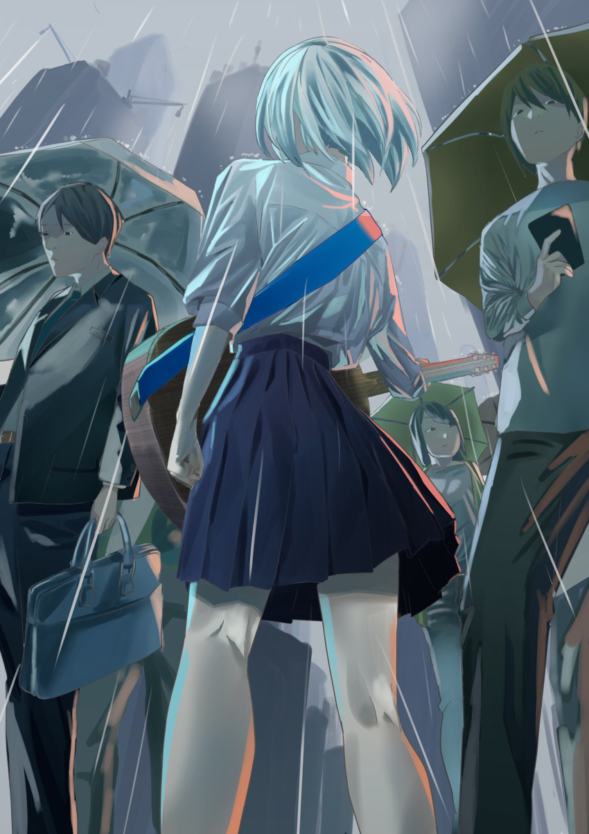 2boys, 2girls, acoustic_guitar, bag, black_jacket, black_pants, blue_necktie, blue_skirt, bob_cut, briefcase, building, cellphone, city, cityscape, clenched_hand, commentary, crowd, dress_shirt, english_commentary, facing_away, floating_hair, fog, formal, from_behind, from_below, garapii, grey_sky, guitar, highres, holding, holding_bag, holding_instrument, holding_phone, holding_umbrella, instrument, jacket, long_sleeves, looking_ahead, looking_at_phone, looking_to_the_side, mixed-language_commentary, multiple_boys, multiple_girls, necktie, original, outdoors, overcast, pants, phone, pleated_skirt, rain, school_uniform, shirt, short_hair, skirt, sky, skyscraper, smartphone, solo_focus, standing, suit, suit_jacket, umbrella, wet, white_hair, white_shirt, wind
