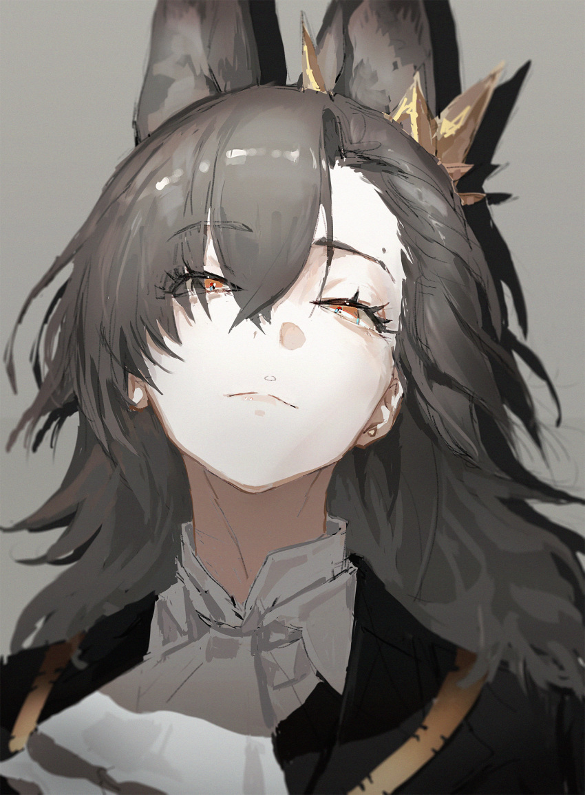 1girl, animal_ear_fluff, animal_ears, arknights, black_jacket, brown_eyes, closed_mouth, commentary_request, eyes_visible_through_hair, grey_background, grey_hair, hair_over_one_eye, highres, jacket, lingear, long_hair, looking_at_viewer, penance_(arknights), shirt, simple_background, solo, upper_body, white_shirt