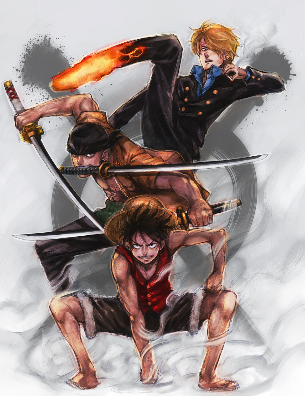 bandana, boyaking, cigarette, diable_jambe, fighting_stance, formal, hat, highres, katana, kicking, male, monkey_d_luffy, multiple_boys, one_piece, roronoa_zoro, sanji, scar, straw_hat, suit, sword, weapon