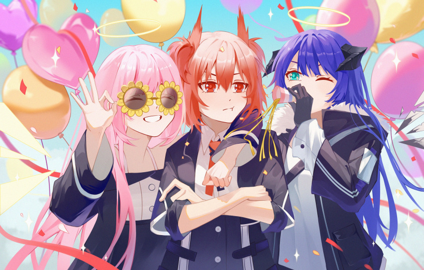 3girls, :t, ^_^, absurdres, arknights, arm_around_neck, arm_around_shoulder, balloon