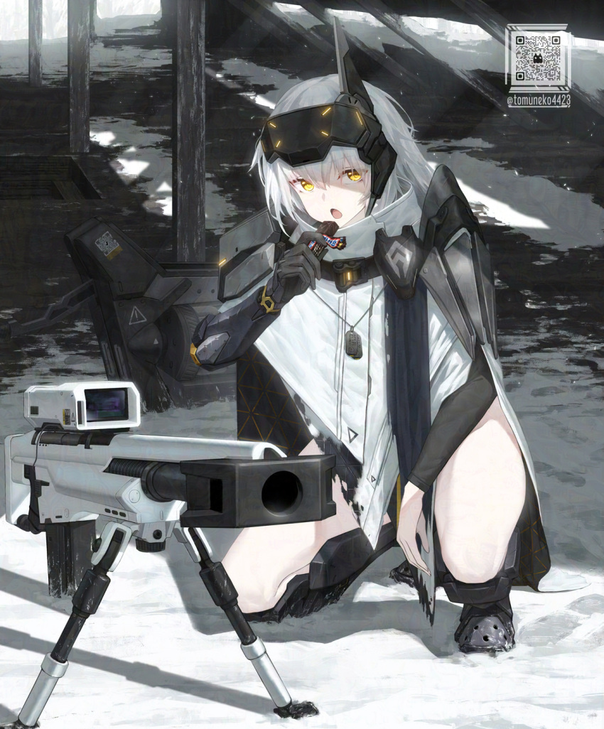 1girl, barcode, eating, glowing, goddess_of_victory:_nikke, gun, highres, jacket