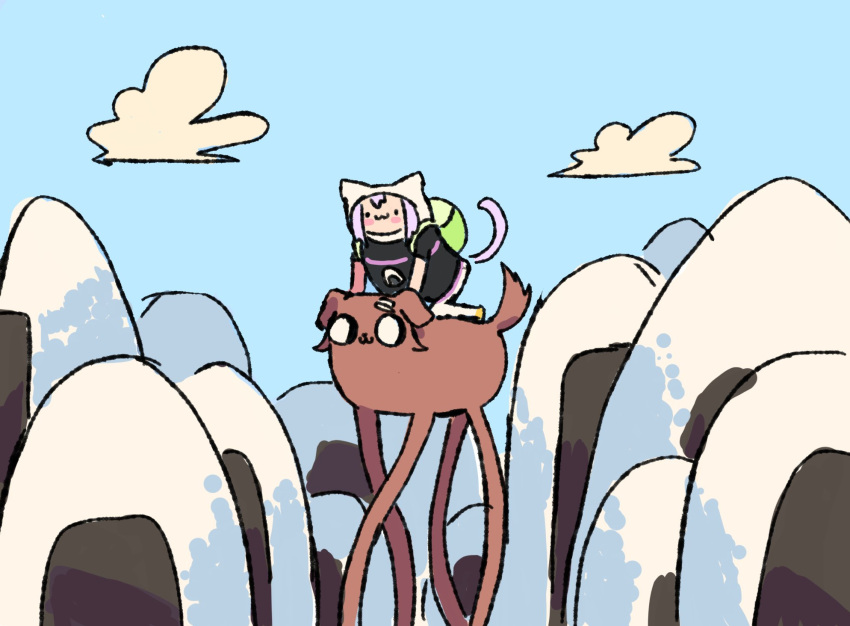 ._., :3, adventure_time, animal_ears, backpack, bag, black_shirt, blue_sky