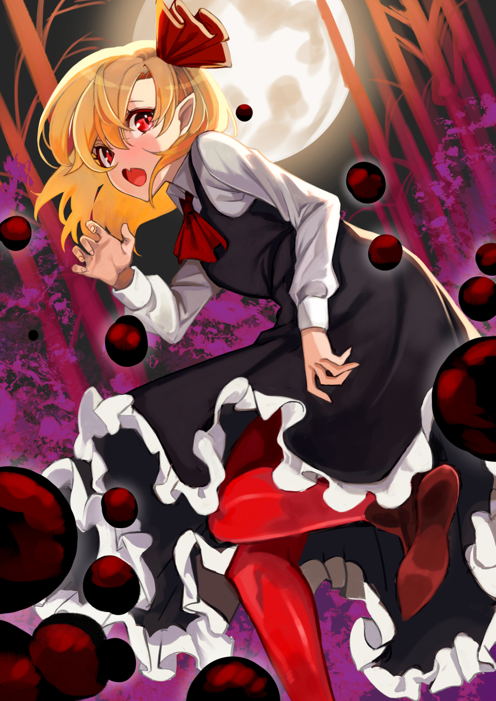 1girl, blonde_hair, fang, full_moon, haido_(unisan), hair_between_eyes, hand_up, highres