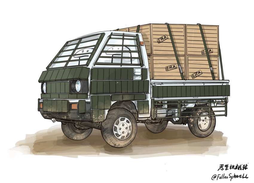2others, artist_name, cargo, commentary, crate, english_commentary, era_bricks_(meme), expressionless, fallenspherell, florkofcows_(style), highres, meme, motor_vehicle, multiple_others, original, pickup_truck, simple_background, truck, twitter_username, vehicle_focus, wheel, white_background
