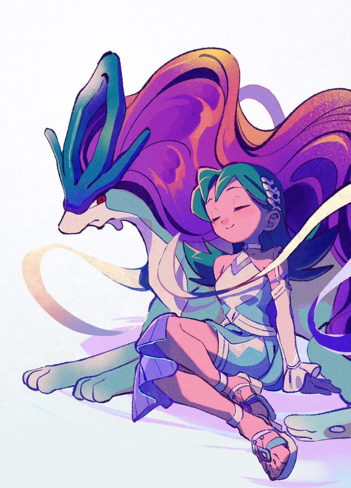 1girl, arm_support, closed_eyes, closed_mouth, commentary, detached_sleeves, dress, green_dress