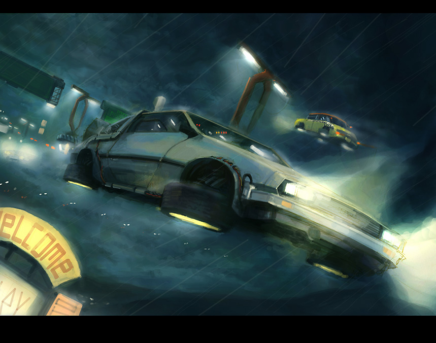 car, cloud, clouds, delorean, dutch_angle, flying, gullwing_doors, kome, motor_vehicle, night, night_sky, rain, science_fiction, sky, taxi, vehicle