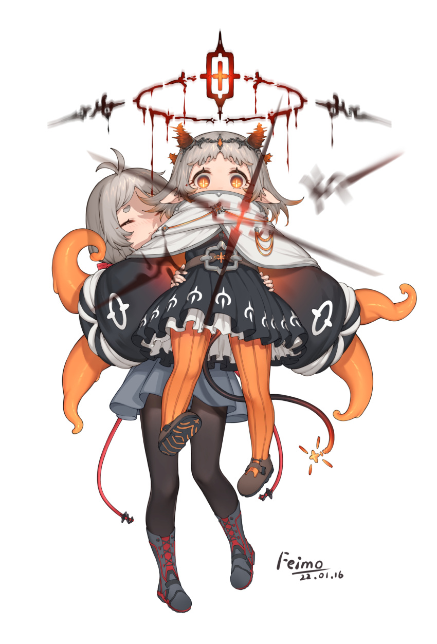 +_+, 2girls, antenna_hair, artist_name, black_dress, black_pantyhose, boots, brown_footwear