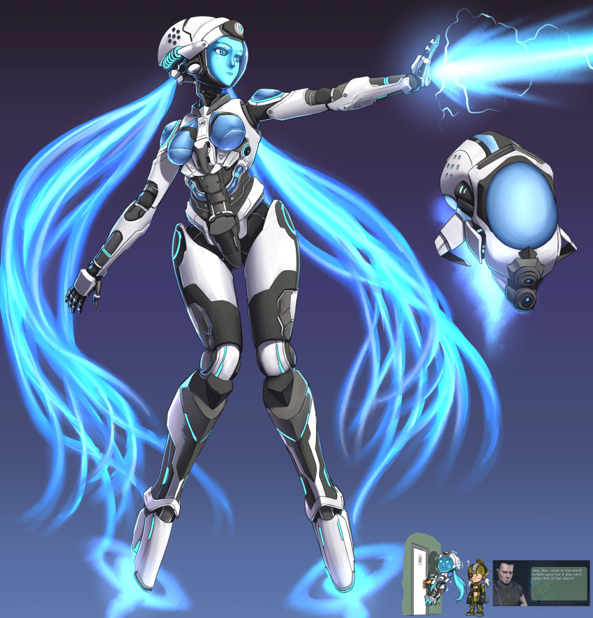2girls, absurdres, android, armor, assault_visor, attack, blue_hair, braid