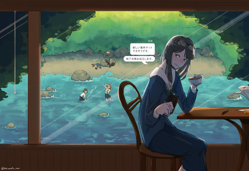 4girls, artist_name, asakusa_midori, bag, beach, black_hair, black_socks, blonde_hair, blue_jacket, blue_shirt, blush, bob_cut, boom_microphone, boulder, brown_bag, brown_footwear, brown_hair, cellphone, chair, cup, dark-skinned_female, dark_skin, day, doumeki_parker, drink, drinking, eizouken_ni_wa_te_wo_dasu_na!, foliage, freckles, green_necktie, grin, hair_between_eyes, hands_up, highres, holding, holding_cup, holding_drink, holding_microphone, holding_phone, indoors, inverted_bob, jacket, jacket_removed, kanamori_sayaka, lake, loafers, long_hair, looking_back, messenger_bag, microphone, mizusaki_tsubame, multiple_girls, necktie, nekomoto_san, on_chair, on_rock, one_eye_closed, outdoors, parted_lips, partially_submerged, pen, phone, playing, rock, sailor_collar, school_uniform, shirt, shoes, shoes_removed, short_hair, shoulder_bag, signature, sitting, sitting_on_rock, smartphone, smile, socks, socks_removed, solo_focus, speech_bubble, splashing, swept_bangs, table, teacup, twitter_username, v-shaped_eyebrows, wading, water, white_sailor_collar, white_shirt, window, wooden_wall