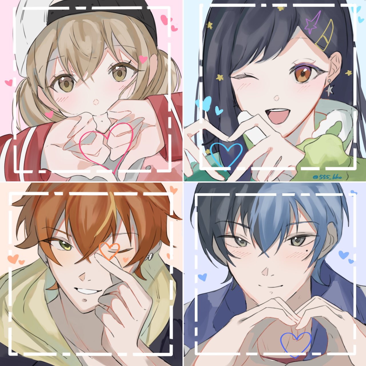 2boys, 2girls, 555_kko, aoyagi_touya, azusawa_kohane, baseball_cap, black_hair, blue_background