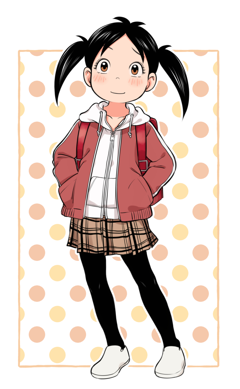 backpack, bag, black_hair, black_pantyhose, blush, border, brown_eyes, collarbone, eyelashes, highres, hood, hood_down, hooded_jacket, jacket, meis_(terameisu), nishikawa_noriko, pantyhose, plaid, plaid_skirt, polka_dot, polka_dot_background, red_bag, shoes, skirt, smile, twintails, urayasu_tekkin_kazoku, white_border, white_footwear