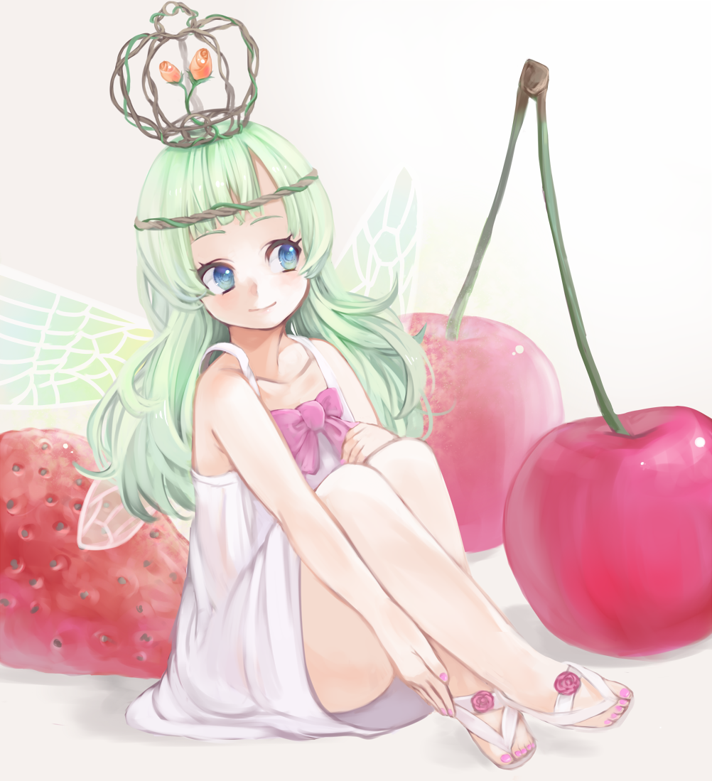 cherry, crown, dress, fairy, fairy_wings, food, fruit, green_hair, in_food, long_hair, mamepon, minigirl, nail_polish, original, sandals, sitting, solo, strawberry, wings