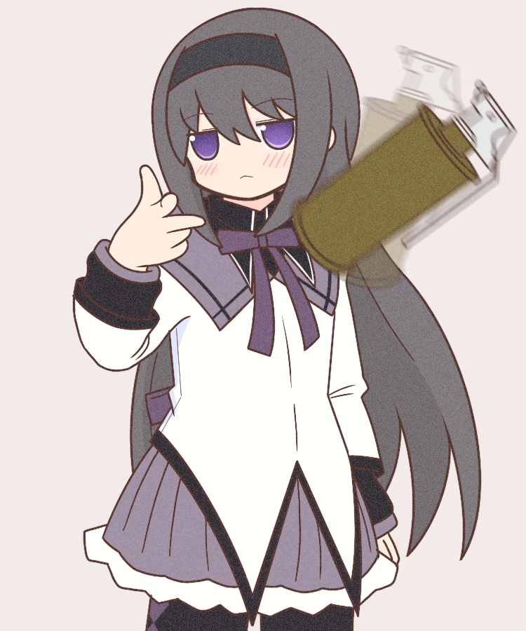 1girl, akemi_homura, black_hair, black_hairband, blush, closed_mouth, eminem_throwing_a_fat_rat_(meme), hairband, jacket, jitome, long_hair, long_sleeves, mahou_shoujo_madoka_magica, mahou_shoujo_madoka_magica_(anime), meme, neck_ribbon, purple_ribbon, ribbon, smoke_grenade, solo, standing, throwing, violet_eyes, white_jacket, yuno385