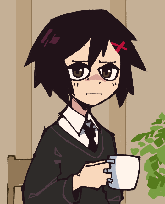 cup, ethossketches, expressionless, holding, holding_cup, ikari_shinji, marvel, necktie, neon_genesis_evangelion, parody, peni_parker, school_uniform, serious, sitting, spider-man:_across_the_spider-verse, spider-man_(series)